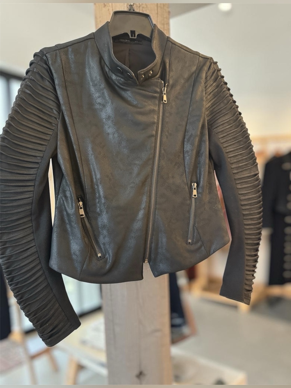 Dance & Marvel Black Ribbed-Sleeve Faux Leather Moto Jacket